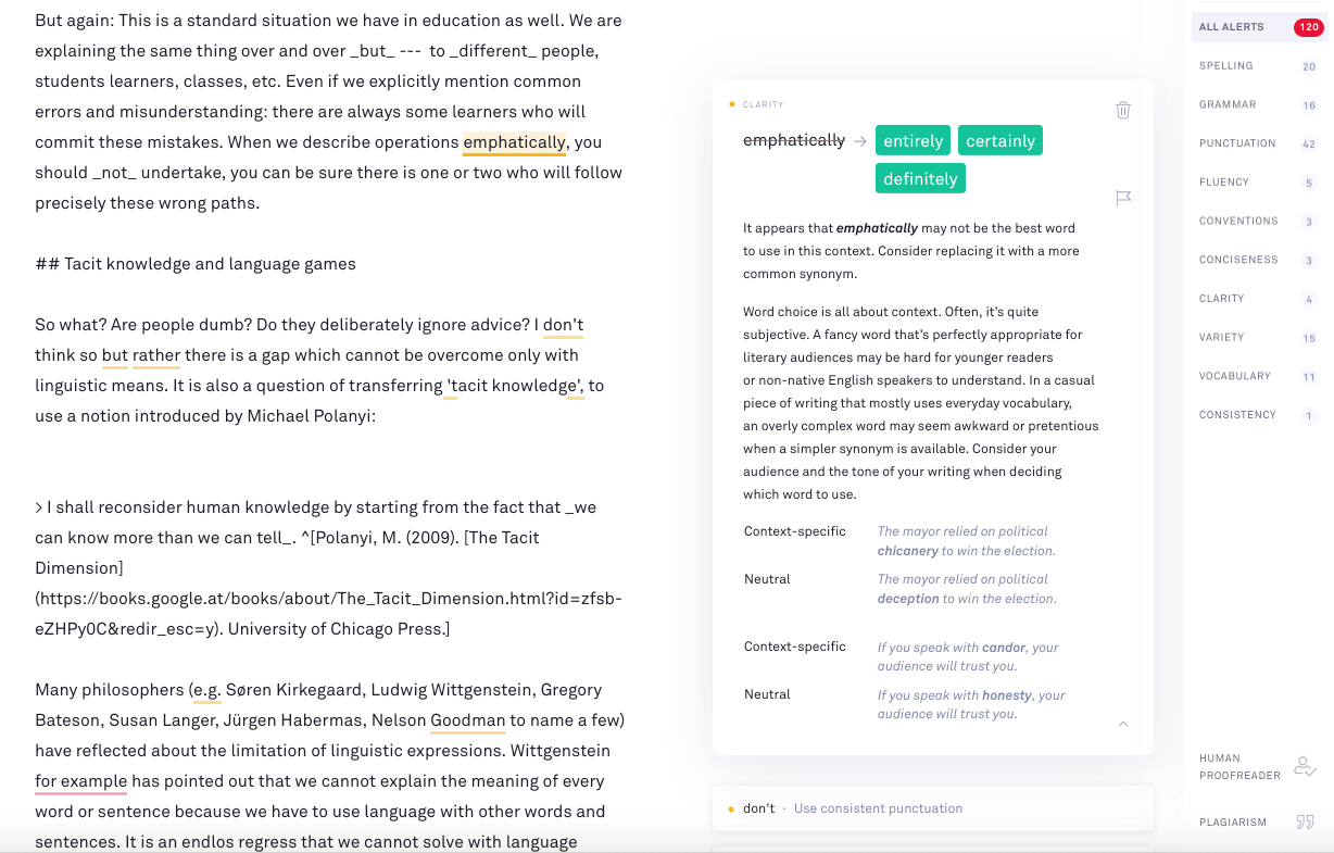 Screenshot how Grammarly suggests a writing improvement