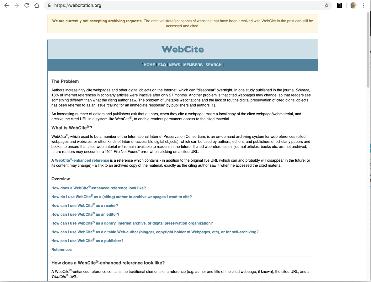 Start page of the WebCite service, proclaiming that new archiving request are currently not feasible anymore.