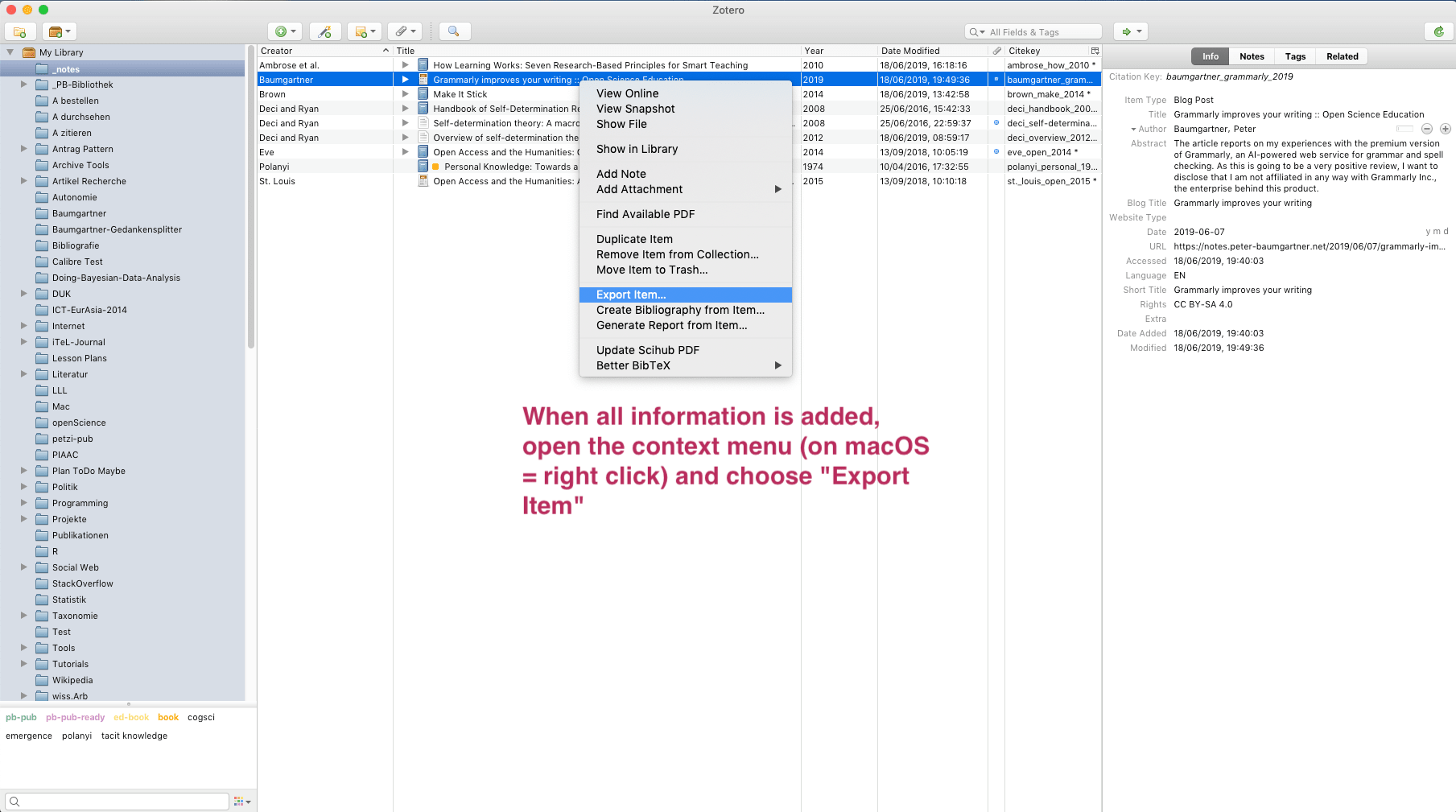 Screenshot show opening of the context menu of the bibliography entry to start the export