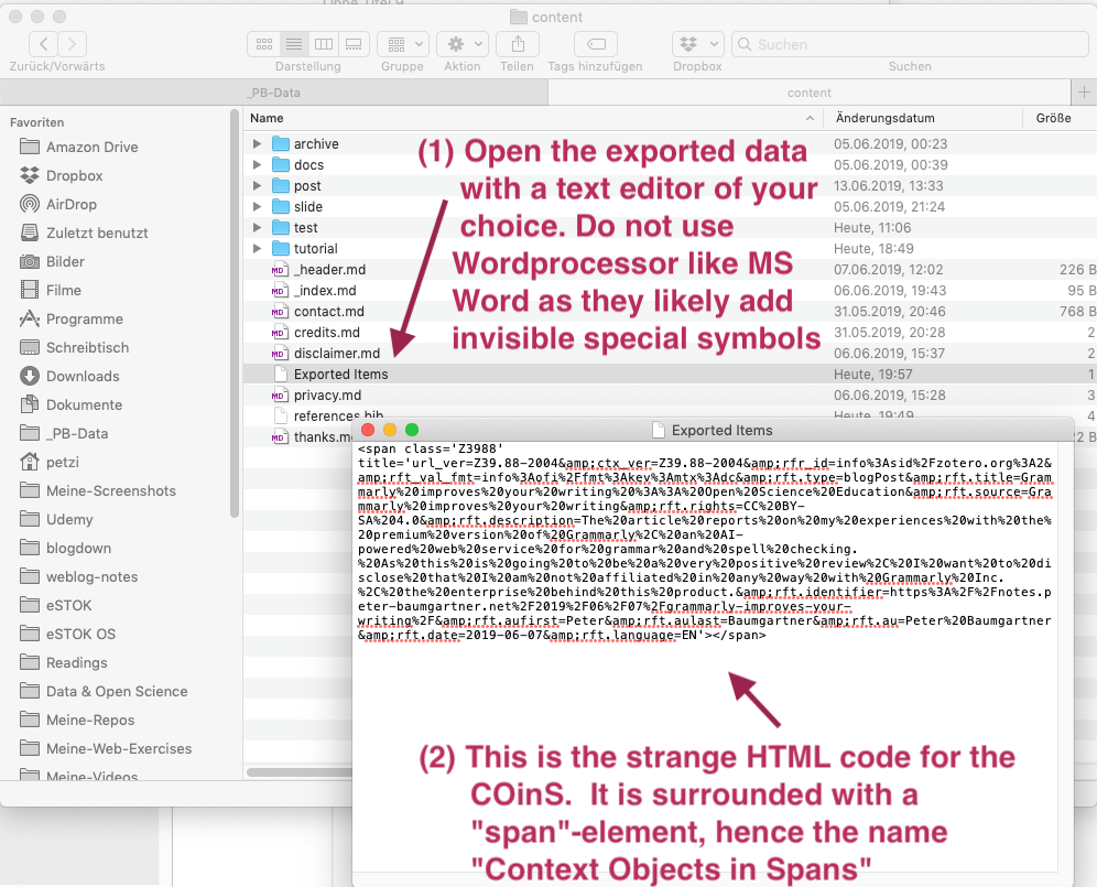 Screenshot shows exported COinS code in a text editor.